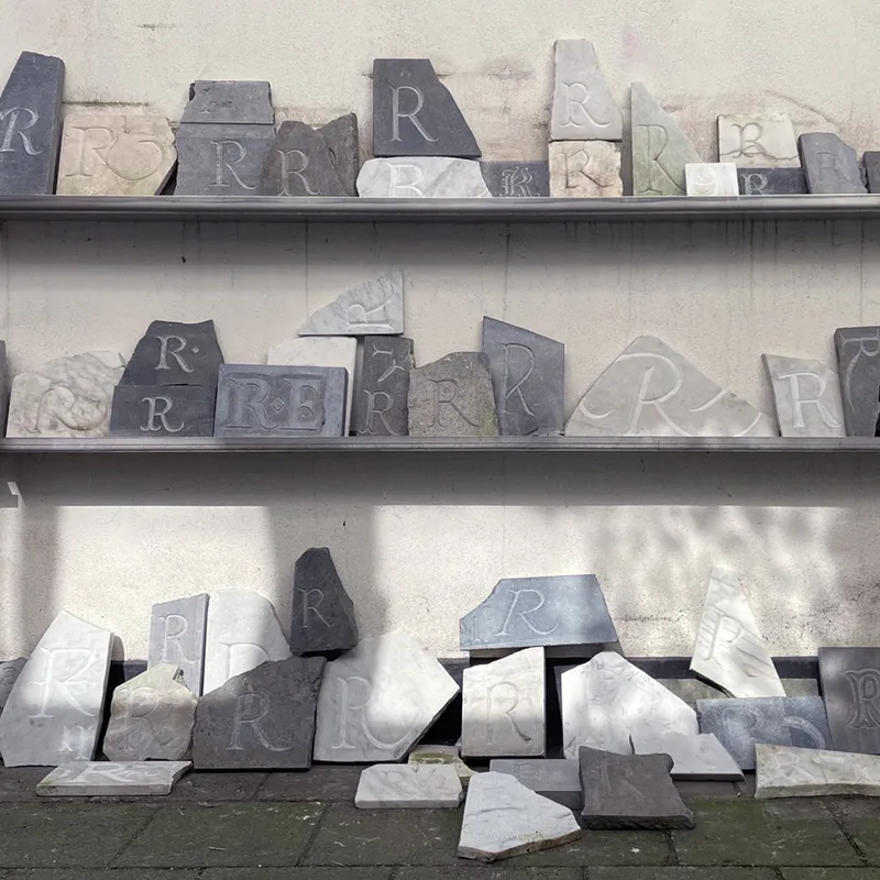 Carved lettering on display at the TypeMedia patio.